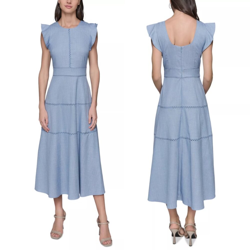Karl Lagerfeld Round Neck Ruffle Sleeve A-Line Midi Dress, Light Blue, US 6